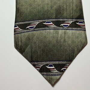 Evan Picone Vintage Green Textured Red White Blue Motifs Silk Necktie